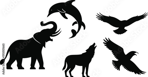 Set of five animal silhouettes including elephant, dolphin, wolf, and birds isolated on white background, vector illustration for wildlife concept