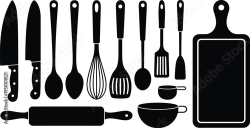 Silhouette collection of essential kitchen utensils and cooking tools including knives, spoons, whisk, spatulas, rolling pin, bowl, cutting board