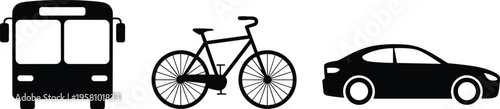 Silhouette illustration of bus, bicycle, and car icons representing urban transportation, travel choices, mobility options, and modern commuting methods.