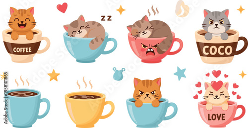 Cute cats in coffee cups set with funny emotions and cozy drinks, adorable cartoon kittens in mugs flat vector illustration collection for cafe design