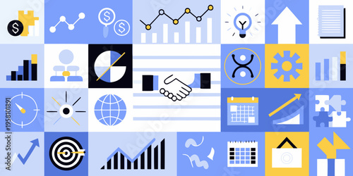 Abstract business concepts illustrated with colorful icons in a grid layout