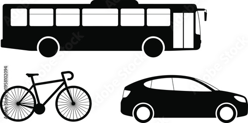 Urban transportation silhouettes featuring bus, bicycle, and car icons, representing public transit, cycling, and personal vehicle travel concepts together.