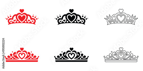 Tiara with heart shape icon vector set, royal tiara symbol  vector, silhouette and line art illustration