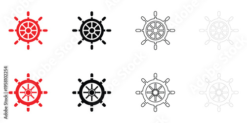 Ship steering wheel icon vector set, steering symbol vector, silhouette and outline icon illustration
