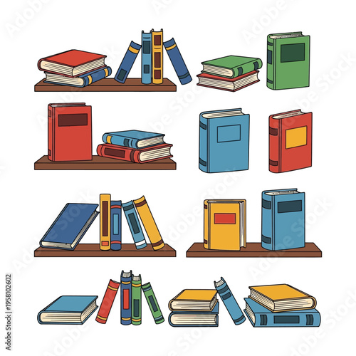 A colorful illustration of books on shelves and stacked