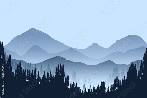 Cold mountains and ridge panorama silhouette background. Morning pine trees landscape illustration.