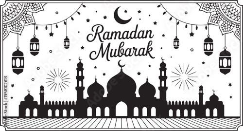 Ramadan Mubarak celebration with mosque silhouette and lanterns hanging  Islamic holiday greeting card