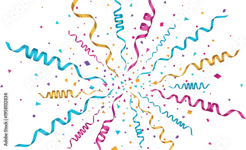Colorful confetti burst with curling ribbons and streamers isolated on white background for celebration party decoration festive design and event announcement