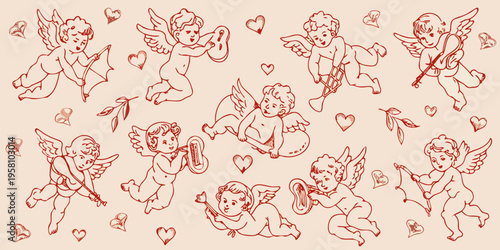 Vintage illustration of cherubic angels playing musical instruments and hearts