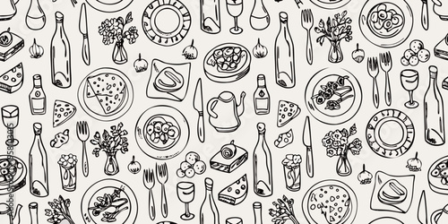 Hand drawn sketch of a seamless pattern with food and dining elements