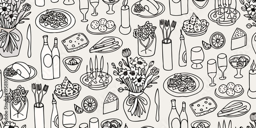 Black and white seamless pattern featuring food flowers and dining elements
