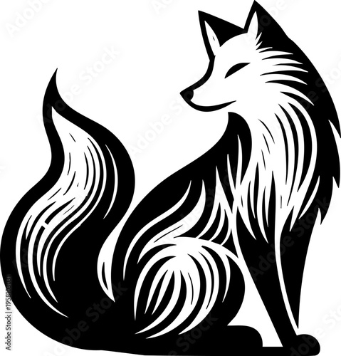 Stylized black and white fox illustration, Japanese kitsune style vector. Minimalist tribal fox logo design, elegant animal silhouette