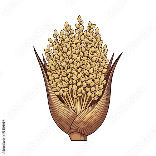 Illustration of a wheat ear with golden grains and brown leaves
