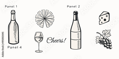 Wine cheese and grapes illustrated in a simple hand drawn style