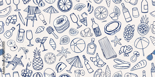 A summer themed seamless pattern featuring beach items and refreshments