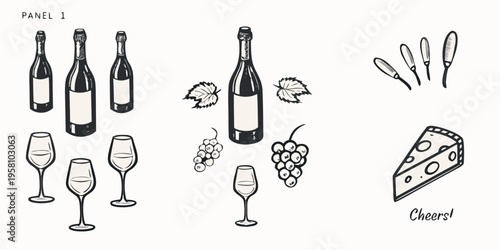 Wine celebration illustration featuring bottles glasses cheese and grapes