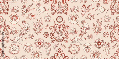 Vintage repeating pattern of cherubs portraits and floral elements