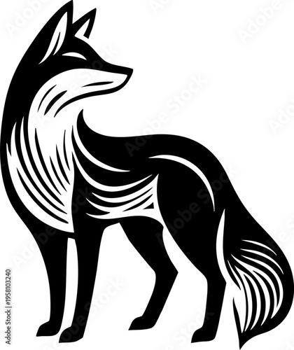 Full body fox vector illustration, Japanese kitsune folk art style. Minimalist black and white fox standing silhouette, elegant animal vector