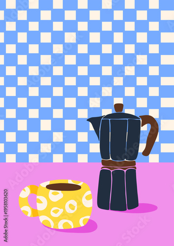 Vintage Mediterranean poster. Summer print Italy dolce vita style, minimalist cup and geyser coffee maker, modern hand drawn background italian slow life aesthetic. Vector illustration