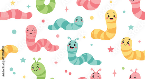 Cute colorful worms seamless pattern with funny cartoon caterpillars, playful kids background design with smiling insects vector illustration