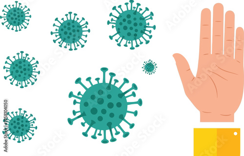 Human hand raised in a stopping gesture confronts several stylized green microscopic virus particles floating nearby.