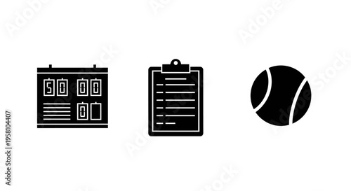 Black and white icons of scoreboard clipboard and tennis ball