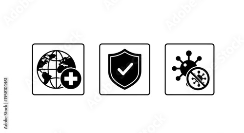 Icons representing global health protection and virus