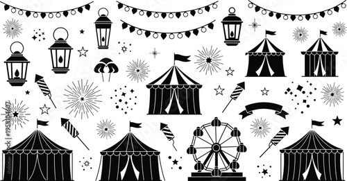 Circus and Festival Elements Collection Featuring Tents, Lanterns, Ferris Wheel, Fireworks, and Banners in Black Silhouette Style