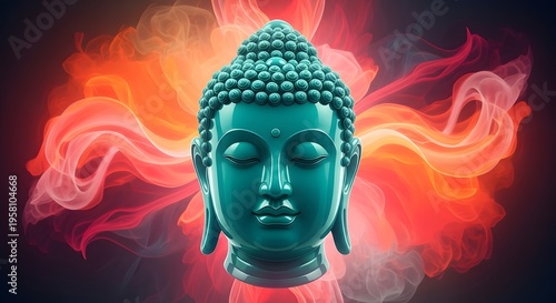 Serene Buddha Head Amidst Vibrant Spiritual Energy.
