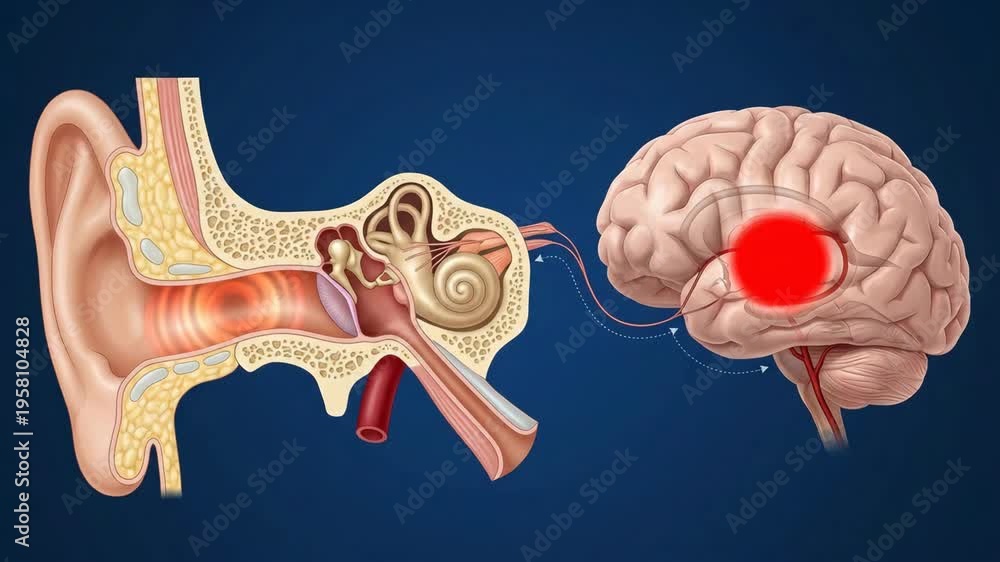 Medical illustration of human ear anatomy and brain showing auditory ...
