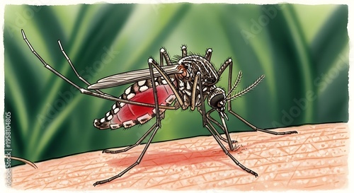 Close-up illustration of a mosquito feeding on human skin.