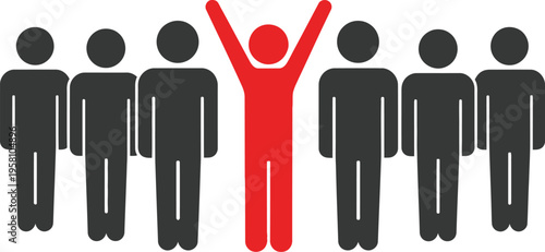 Red silhouette figure stands out triumphantly with raised arms among a group of uniform black figures symbolizing leadership.