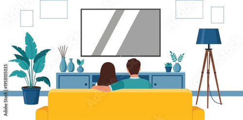 Couple sits embracing on a yellow couch while watching entertainment content displayed on a large modern television screen.