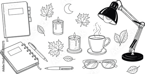 Cozy Work and Study Essentials Collection Featuring Notebooks, Pen, Candles, Lamp, Coffee Cup, and Autumn Leaves in Black and White Sketch Style