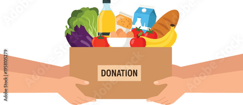 Two pairs of hands exchange a cardboard box filled with groceries and assorted essential food items for charity.