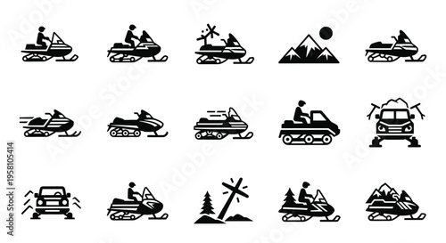 Winter snowmobile adventure icons featuring riders on snowy tracks and mountain landscapes for seasonal recreation graphics and arctic travel marketing materials used in outdoor sports brochures set