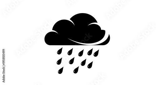 Rainy weather icon with dark cloud and raindrops on white background