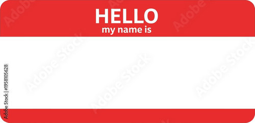 Bright red adhesive name tag sticker featuring white blank space for personalized introduction at an event.