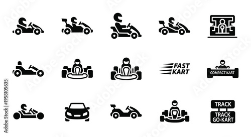 Collection of cartoon kart racing icons with driver, track, fast kart, compact kart and finish line. Vector set of vehicle symbols for sports and competition.