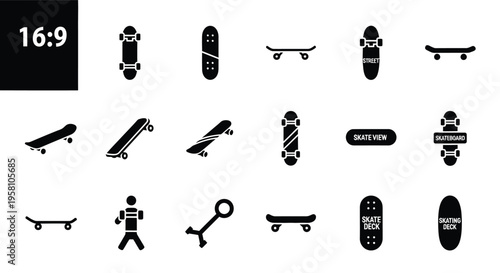 Skateboards and skateboarding related icons, various board shapes and view perspectives including street and deck elements on a white background