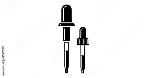 Two black and white dropper bottles for liquids or oils isolated on white background
