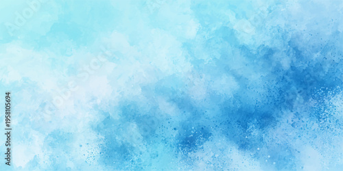An abstract blue watercolor background with a winter frost texture features soft white clouds and ice patterns like a cold sky for a seasonal nature surface