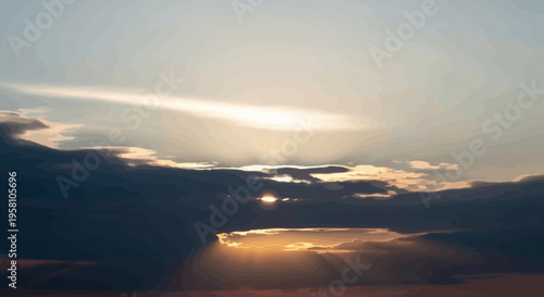 Sunset with sun rays breaking through dark clouds in the sky creating a serene and peaceful atmosphere at dusk