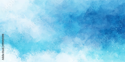 Abstract blue watercolor cloudscape featuring a grunge texture that blends sunlight and white clouds into a bright summer sky background