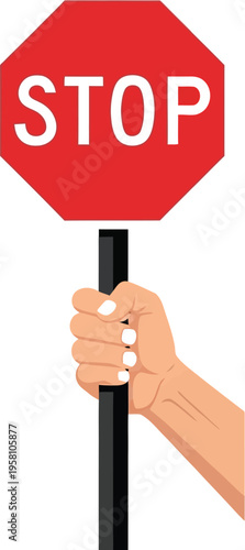 A single hand firmly grips the pole of a bright red octagonal stop sign against a white background.