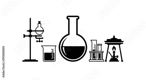 Laboratory equipment for chemistry experiments and scientific research with beakers and flasks on a clean white background