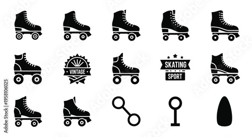 Vintage roller skates icon set featuring retro quad boots with wheels and sports emblems in black solid style for skating enthusiasts and professional athletic design projects and branding needs