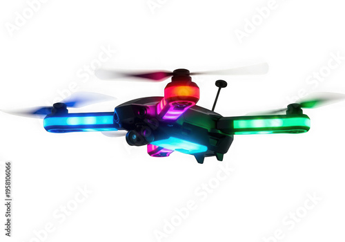 A small drone with colorful lights on its body and propellers