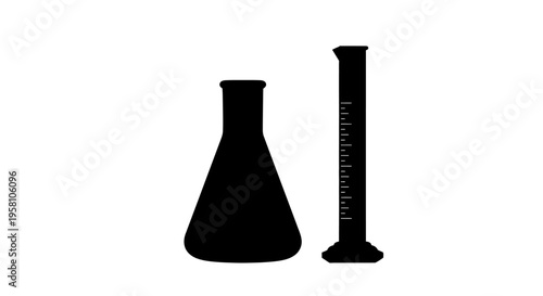 Black silhouette of laboratory flask and measuring cylinder on white background science and chemistry concept