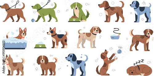 Cute dogs daily routine set with playing bathing eating and sleeping, pet care activities cartoon animal flat vector illustration collection